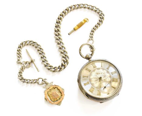 A Silver Open Faced Pocket Watch with a Silver Curb Link Watch Chain and attached Silver MedalThe movement and dust cover sig