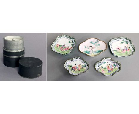 A Pair of Cantonese Enamel Notched Square Dishes, 19th century, painted with figures in garden landscapes, together with a si