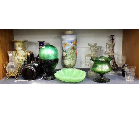 A Collection of Assorted Glasswares, including a Victorian decalcomania vase, similar oil lamp, a Witches ball, a pair of cut