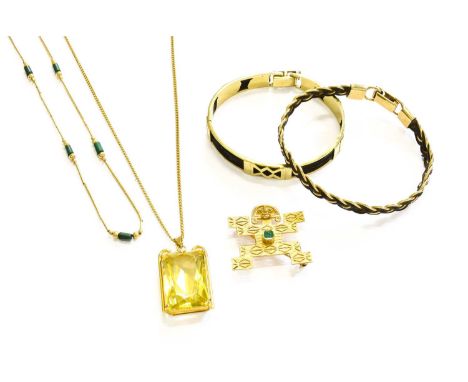 A Citrine Pendant on Chain, pendant length 3.5cm, chain length 61cm; An Emerald Brooch/Pendant, stamped '18K'; Two Bangles (o