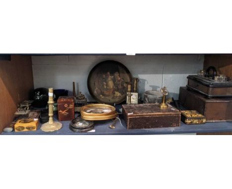 A Collection of 19th century and Later Wooden Items, metal, and glasswares, including a Mauchline box, an Art Deco Smiths des