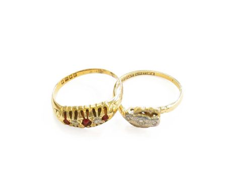 An 18 Carat Gold Ruby and Diamond Five Stone Ring, finger size M1/2 (a.f.); and A Diamond Three Stone Twist Ring, stamped '18