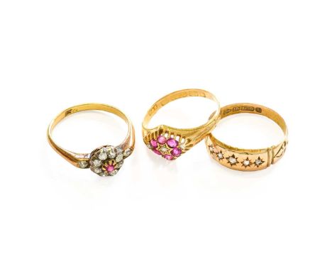 A 15 Carat Gold Diamond Five Stone Ring, finger size O; A 15 Carat Gold Synthetic Ruby and Diamond Cluster Ring, finger size 