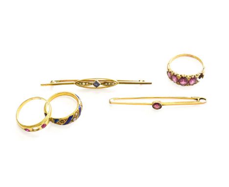 A Small Quantity of Jewellery, including a sapphire and split pearl bar brooch, stamped 9CT', length 6.2cm; a split pearl and
