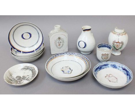 A Small Quantity of Chinese Armorial Porcelain, Qianlong, including a tea jar and cover, similar jar, baluster cream jug, a c