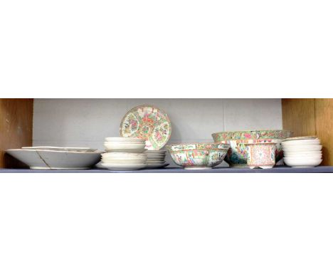 A Collection of Cantonese Porcelain, mainly 19th century, decorated in famille rose enamels with figures, flowers and butterf