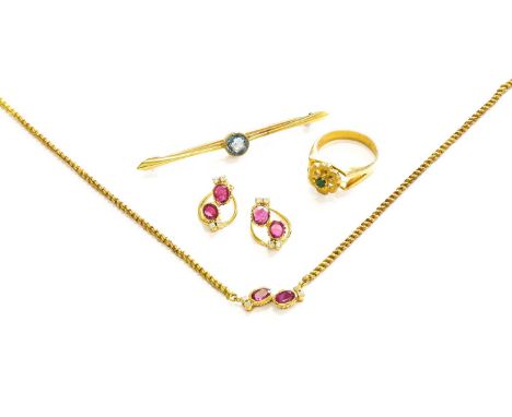 An Emerald Ring, finger size L; A Synthetic Ruby and Diamond Necklace and Earring Suite, necklace length 45cm, earrings with 