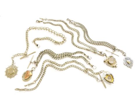Five Silver Curb Link Watch Chains, four of the chains with attached silver medals and the other with a fob compass, (5)