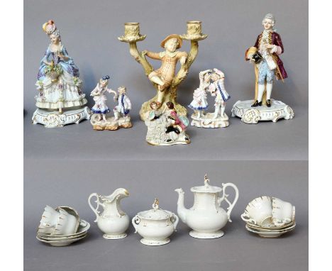 A Royal Worcester Twin Branch Figural Candlestick, the base signed Hadley, numbered 1124, a continental miniature tea service