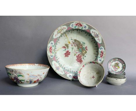 A Chinese Porcelain Basin, Qianlong, painted in famille rose emamels with foliage, 36.5cm diameter, a similar punch bowl pain