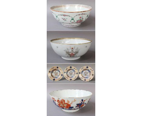 A Chinese Imari Porcelain Punch Bowl, Qianlong, a similar example painted in Famille rose enamels, a Samson porcelain punch b