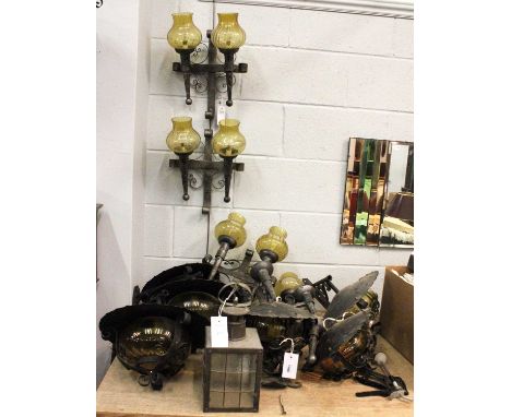 Ten Various Planished Metal Wall lights with Amber Glass Shades, including three similar ceiling lights, and one lantern, (qt