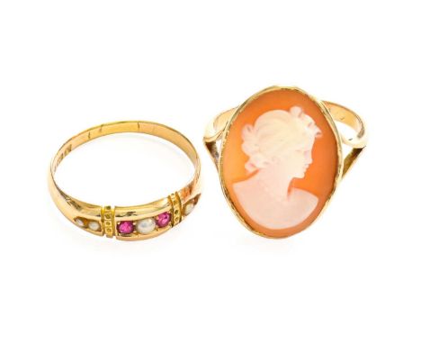 A 15 Carat Gold Synthetic Ruby and Split Pearl Ring, finger size Q; and A Cameo Ring, stamped '15CT', finger size QSplit pear