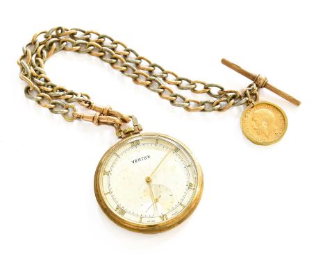 A 9 Carat Gold Open Faced Pocket Watch, signed Vertex, 1951, with a yellow metal curb link watch chain and an attached gold h