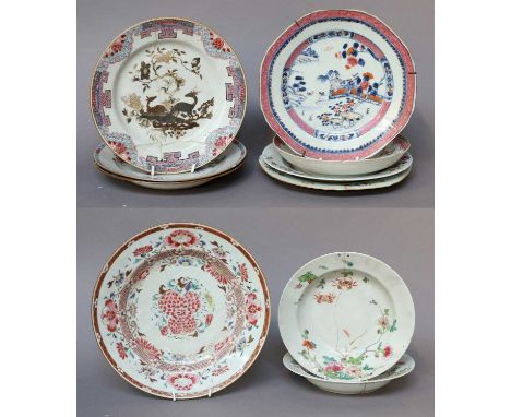 A Collection of Eight Chinese Porcelain Plates, Qianlong, with enamel decoration, a similar circular dish, a similar saucer d