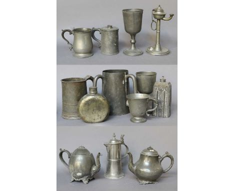 Assorted Antique Pewter, including a pedestal oil lamp, embossed flask, tyg, and other hollow wares (qty)