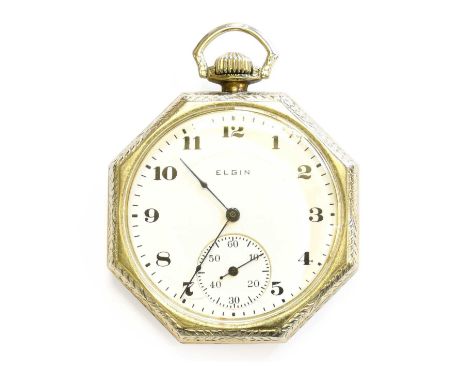 A 14 Carat White Gold Open Faced Pocket Watch, signed Elgin, case stamped 14kTotal weight - 53.5grams, case diameter 43mm wid