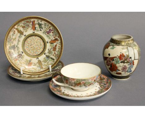 A Japanese Satsuma Small Cup and Saucer, Meiji period, painted with a millefiori pattern, signed, together with a similar pai