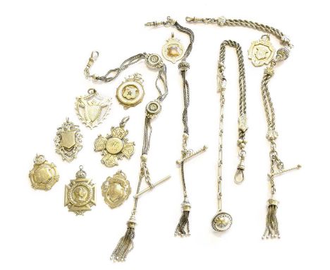 Four Continental White Metal Watch Chains, Eight Silver Medals and One Plated Medal