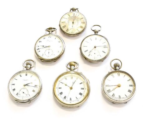 A Silver Open Faced Longines Pocket Watch, case stamped 0.800, Two Other Silver Pocket Watches, and Three Silver Plated Pocke