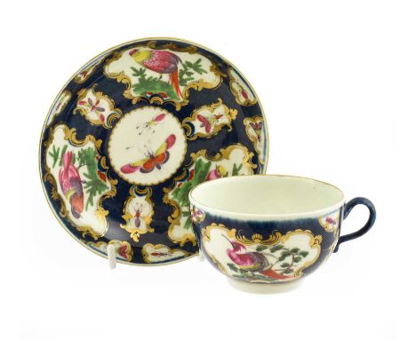 A Worcester Porcelain Teacup and Saucer, circa 1775, painted with exotic birds amongst foliage in panels on a blue scale grou