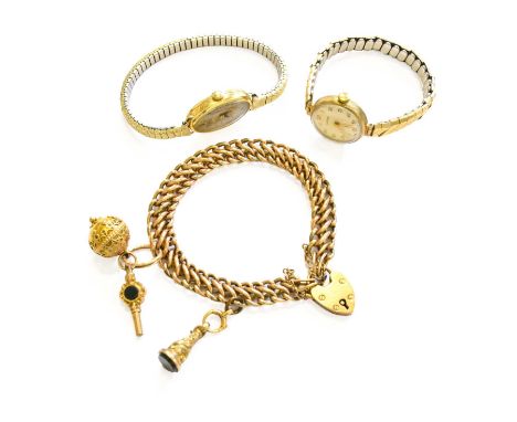 A Lady's 9-carat Gold Wristwatch, a lady's 18-carat gold wristwatch and a bracelet with a 9-carat gold clasp and two attached