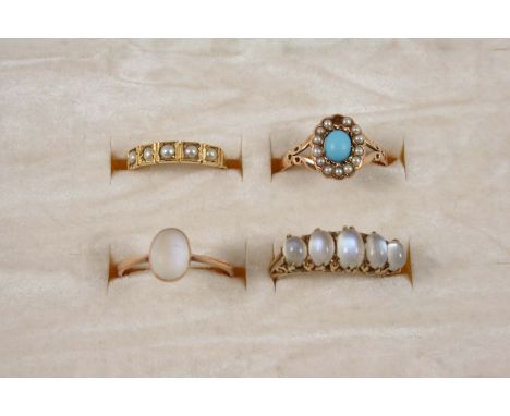 A MOONSTONE FIVE STONE RING set with five graduated oval cabochon moonstones, in gold, size N, together with a moonstone sing