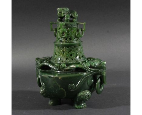 CHINESE SPINACH JADE CENSER AND COVER, the ovoid body with a pair of dragon head handles on three lion paw feet, the cover wi