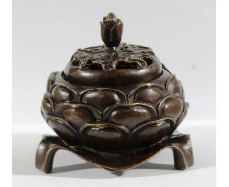 CHINESE BRONZE LOTUS FLOWER CENSER AND COVER, the body cast with petals beneath a pierced cover, Xuande style six character m