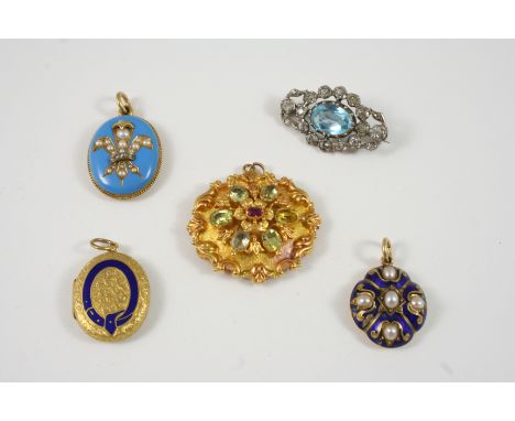 A VICTORIAN ENAMEL, PEARL AND DIAMOND SET PENDANT the oval section of turquoise enamel is mounted with a fleur de lys set wit