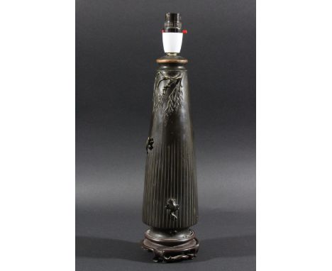 JAPANESE BRONZE LAMP BASE, of tapering cylindrical form, decorated with frogs and branches with gilt highlights, total height