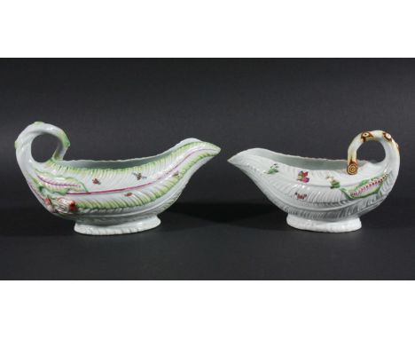 TWO WORCESTER LETTUCE LEAF SAUCEBOATS, 1770-1780, both enamelled with leaves and insects beneath scrolling handles, one with 