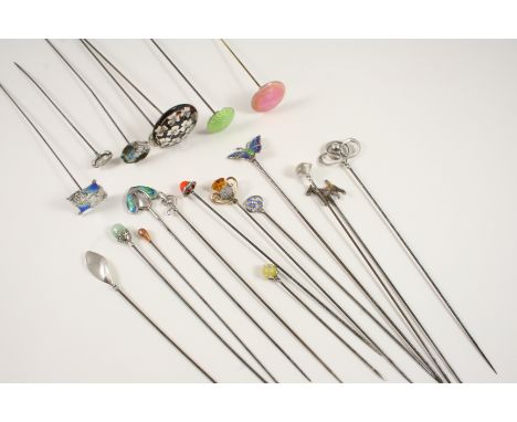 TWENTY ASSORTED HAT PINS including a blue and green enamel one by Murrle Bennett & Co., a silver one by Charles Horner, an en