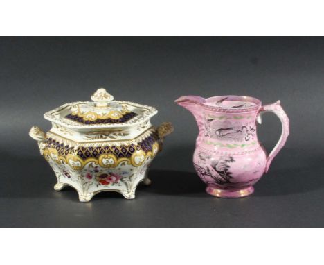 ENGLISH PEARLWARE JUG, mid 19th century, black transfer printed with hare coursing scenes beneath pink lustre glaze, height 1