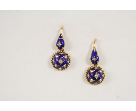 A PAIR OF ENAMEL, PEARL AND GOLD DROP EARRINGS each earring set with bands of blue guilloche enamel mounted with half pearls,