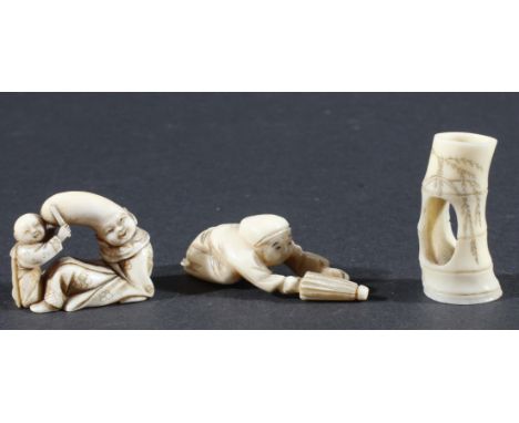 COLLECTION OF SIX JAPANESE NETSUKE, five of men in various activities, the sixth of a section of bamboo (6)