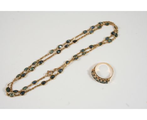 A SAPPHIRE NECKLACE mounted with oval-shaped green sapphires in gold collet settings, 53cm. long, together with a green sapph