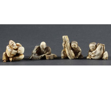 FOUR JAPANESE IVORY NETSUKE, the seated figures at various activities, two signed (4)