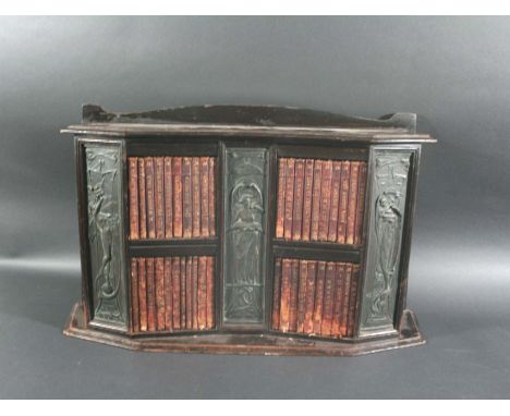 ART NOUVEAU BOOKCASE - SHAKESPEARE a miniature bookcase, inset with 3 bronze plaques each with Shakespeare phrases (Misery & 