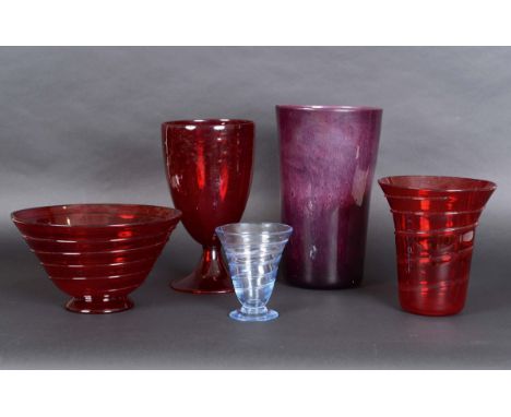 WHITEFRIARS GLASS including a Ruby ribbon trailed vase and large bowl, a Sapphire ribbon trailed vase, a Cloudy Tumbler vase 