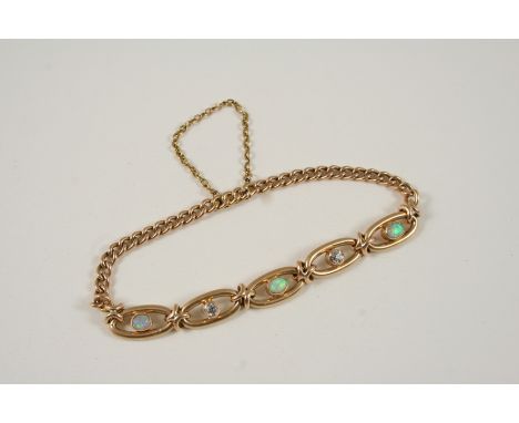 A 15CT. GOLD, OPAL AND DIAMOND BRACELET the curb link bracelet is formed with five oval gold sections, set alternately with c