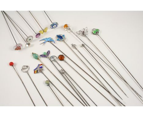 TWENTY TWO ASSORTED HAT PINS including a green enamel and pearl one by Charles Horner, a silver one by Charles Horner, and va