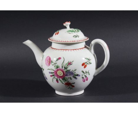 NEWHALL STYLE TEAPOT AND COVER, circa 1800, painted with sprays of flowers, with flower bud finial, length 22cm