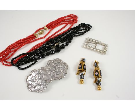 A QUANTITY OF JEWELLERY including  a silver buckle, a four row coral necklace, a paste set buckle and a pair of enamel drop e