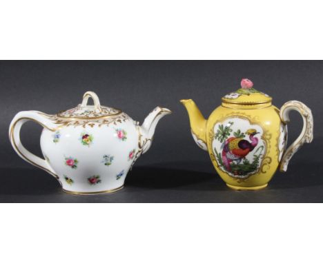 CHELSEA STYLE YELLOW GROUND TEAPOT AND COVER, painted with exotic birds in gilt cartouches on a yellow ground, with flower bu