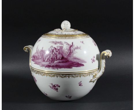 MEISSEN SPHERICAL TUREEN AND COVER, probably later 19th century, puce painted with romantic scenes between gilt scrolling ban