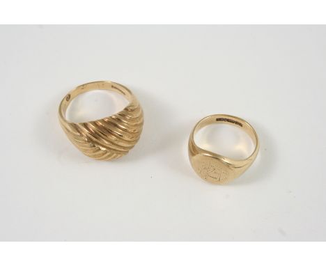 A 9CT. GOLD SIGNET RING engraved with initials, size L, together with another 9ct. gold ring, size R, total weight 12.8 grams