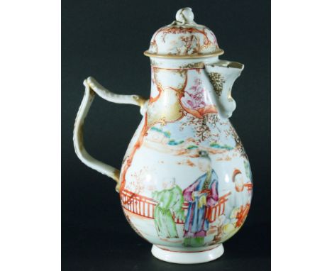 CHINESE EXPORT FAMILLE ROSE COFFEE POT AND COVER, Qianlong, of baluster form with wishing bone style handle enamelled with an