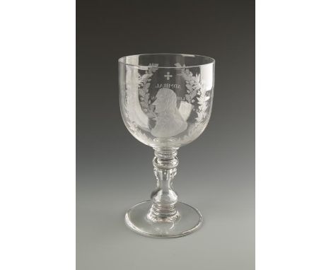 ADMIRAL LORD NELSON: A LARGE WINE GLASS etched with memorial wreath and portrait of Nelson and inscribed "England expects ...