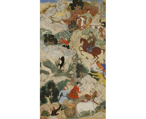 INDIAN ARTIST A Moghul style 'miniature' study of Akbar hunting in a landscape, watercolour and gouache, 14" x 8"